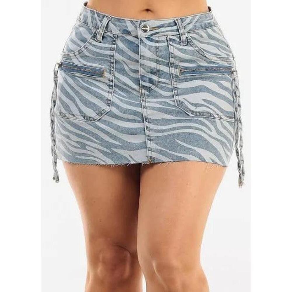 Dakota Blue Y2K Denim Zebra Print Frayed Side Ruched Mini Jean Skirt Size L